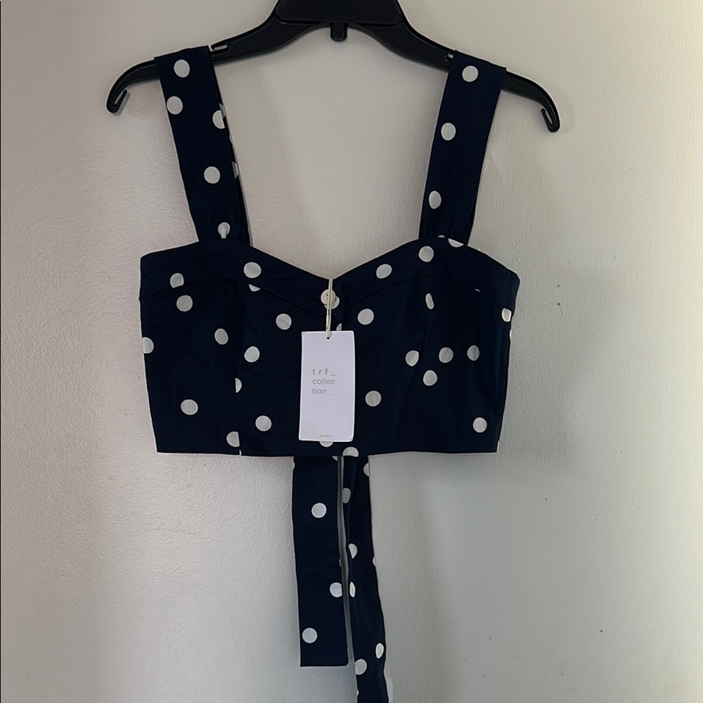 Polka Dot Navy Crop Tank Top with Front Tie NWT ZARA